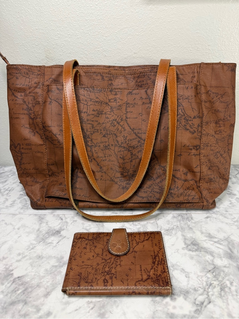 Patricia Nash Brown Map-Print Canvas /Leather Travel Tote with Passport Wallet